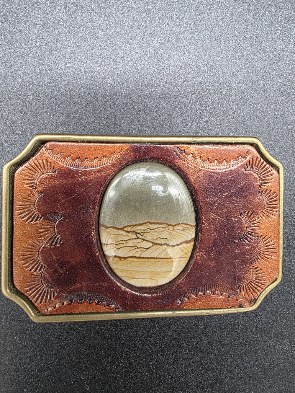 Vintage Picture Jasper set in Tooled Leather on SOLID BRASS Heavy Buckle
